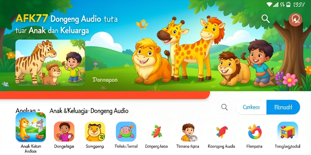 Screenshot AFK77 menampilkan antarmuka aplikasi Dongeng Audio yang ramah anak.
