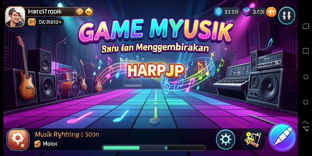 Tampilan utama <strong>HARAPJP</strong> dengan antarmuka Musik Rhythm yang interaktif.