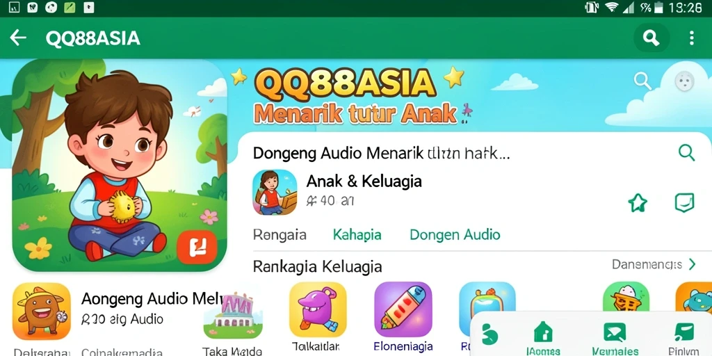 Tampilan antarmuka aplikasi QQ88ASIA dengan berbagai dongeng audio.